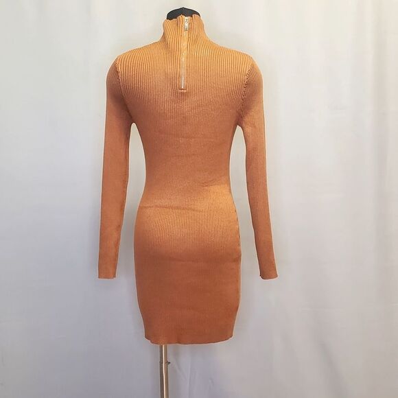 Hooked Up Camel Turtle Neck Canale Knit Pencil Dress Long Sleeves Size L - Picture 4 of 8
